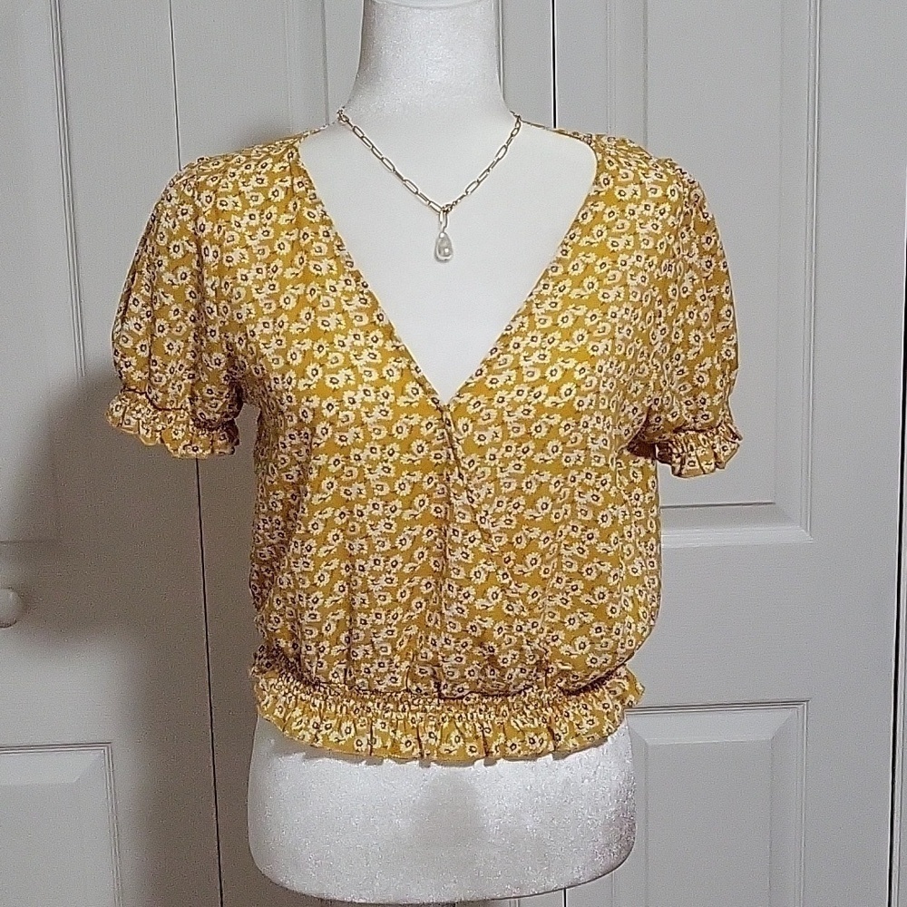 One Love Clothing Yellow Floral V- Neck Smocked Waist Wrap Crop Top - Size M